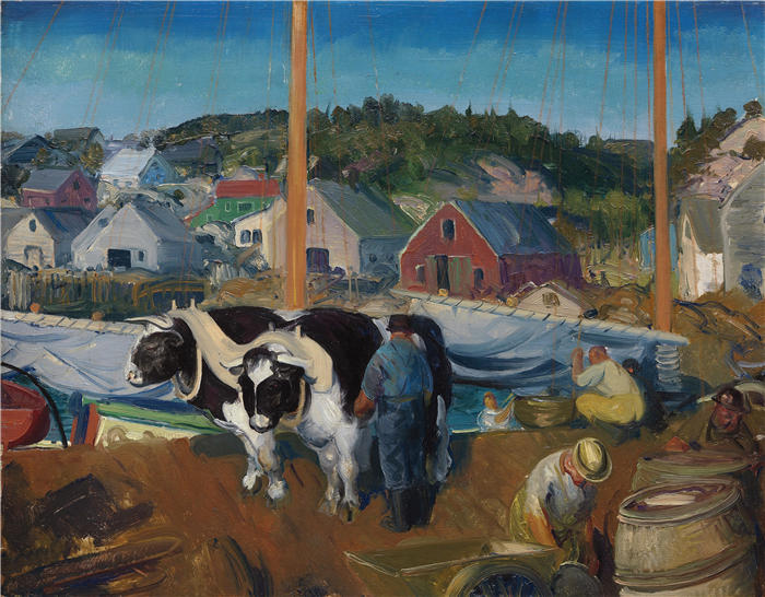 乔治·韦斯利·贝洛斯（George Wesley Bellows，美国画家）作品-《牛队，马蒂尼库斯码头（1916 年）》高清下载