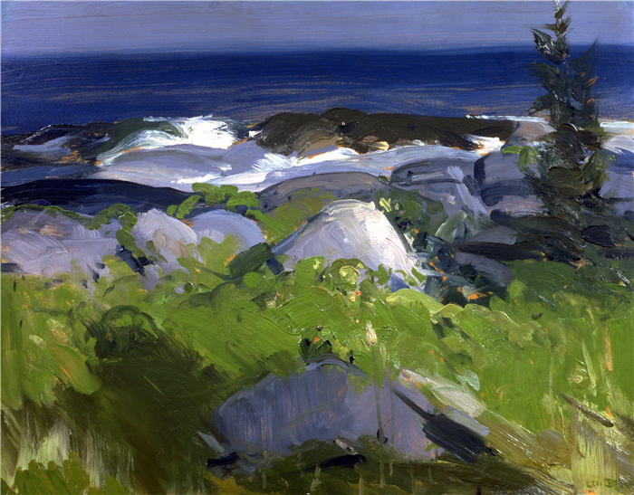 乔治·韦斯利·贝洛斯（George Wesley Bellows，美国画家）作品-《藤蔓覆盖的海岸-蒙赫根岛（1913年）》高清下载