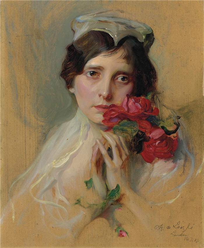 菲利普·亚历克修斯·德·拉斯洛 (Philip Alexius de László，匈牙利画家)作品-戴着尖头头饰的女士肖像（1913 年）