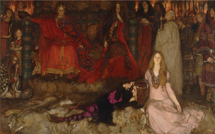 艾德文·奥斯汀·艾比(Edwin Austin Abbey,美国画家)作品-哈姆雷特的戏剧场景，第三幕，第二场（1897）