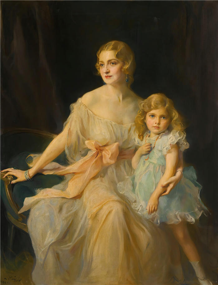 菲利普·亚历克修斯·德·拉斯洛 (Philip Alexius de László，匈牙利画家)作品-克劳德·利夫人和弗吉尼亚·利小姐的肖像 (1933)