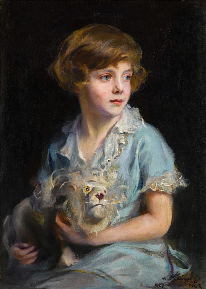 菲利普·亚历克修斯·德·拉斯洛 (Philip Alexius de László，匈牙利画家)作品-带着 Steiff 狮子的孩子的肖像（1927 年）