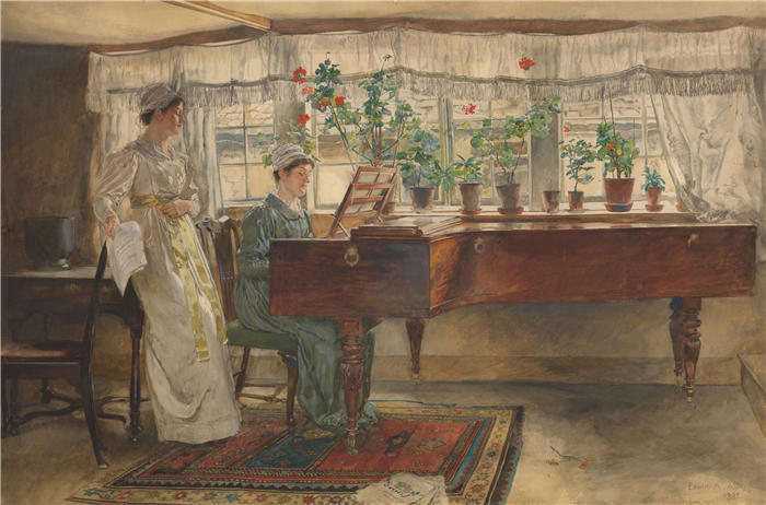 艾德文·奥斯汀·艾比(Edwin Austin Abbey,美国画家)作品-两姐妹 (1882)