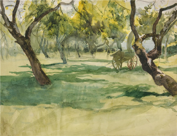 艾德文·奥斯汀·艾比(Edwin Austin Abbey,美国画家)作品-果园与农车