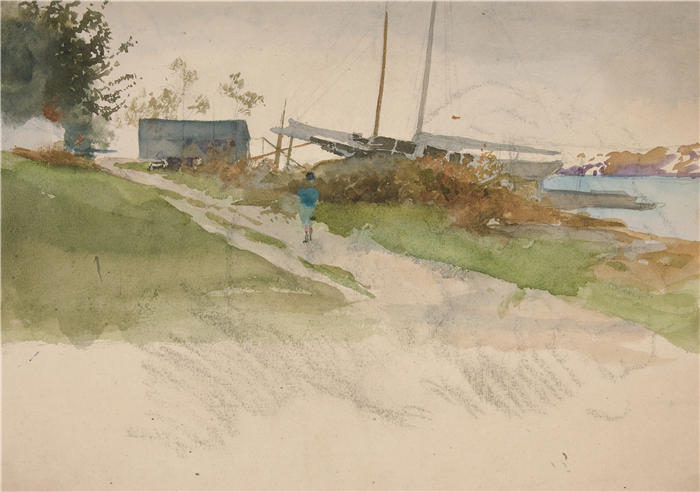 艾德文·奥斯汀·艾比(Edwin Austin Abbey,美国画家)作品-风景，人物走在小路上，远处是水