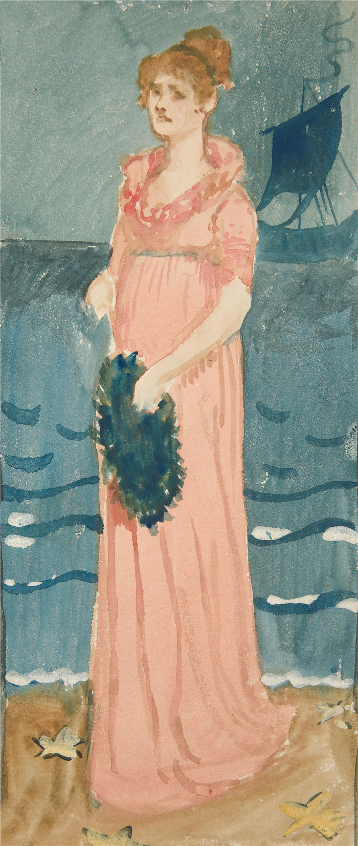 艾德文·奥斯汀·艾比(Edwin Austin Abbey,美国画家)作品-海滩上女人身份不明的插图,远处的船