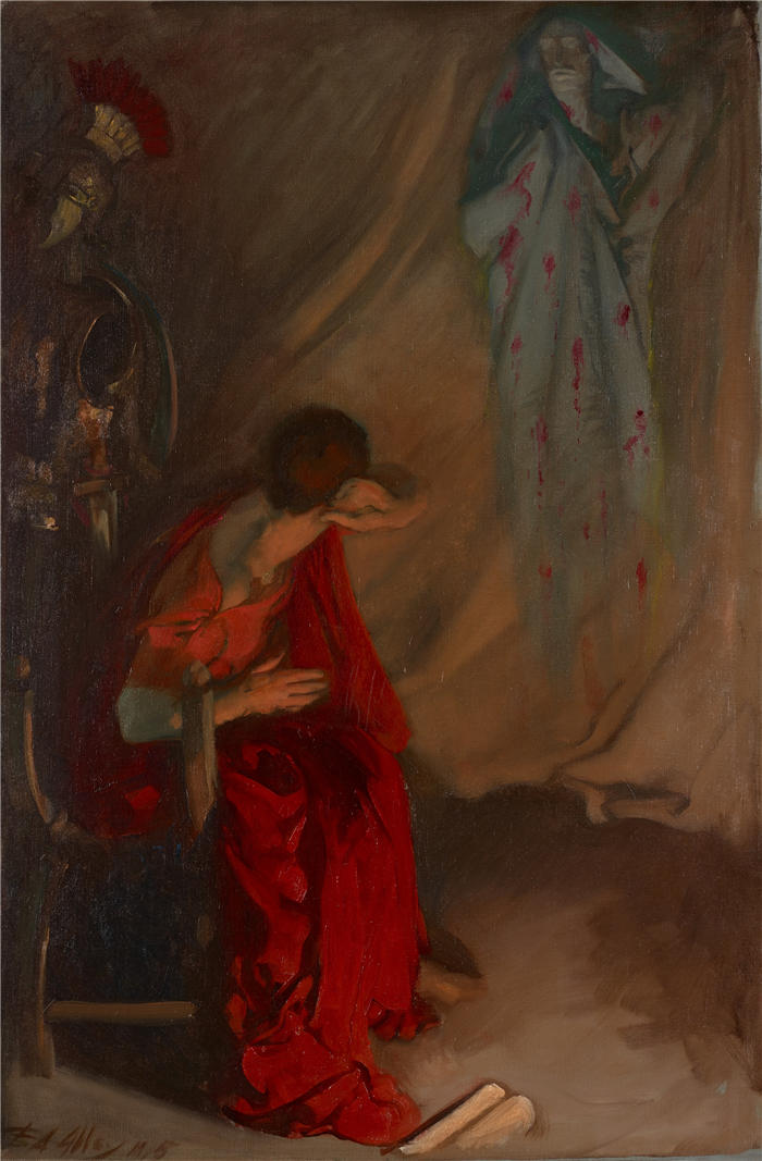 艾德文·奥斯汀·艾比(Edwin Austin Abbey,美国画家)作品-布鲁图斯的帐篷内；凯撒之魂，凯撒大帝，第四幕，第三场 (1905)