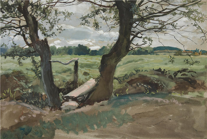 艾德文·奥斯汀·艾比(Edwin Austin Abbey,美国画家)作品-两棵树和田地的研究