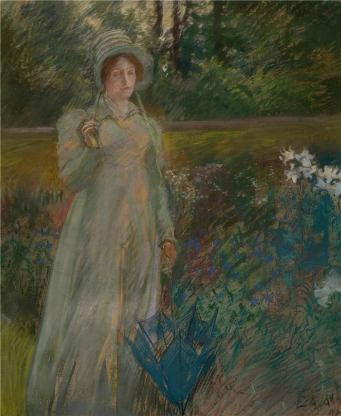 艾德文·奥斯汀·艾比(Edwin Austin Abbey,美国画家)作品-花园里的女人 (1895)