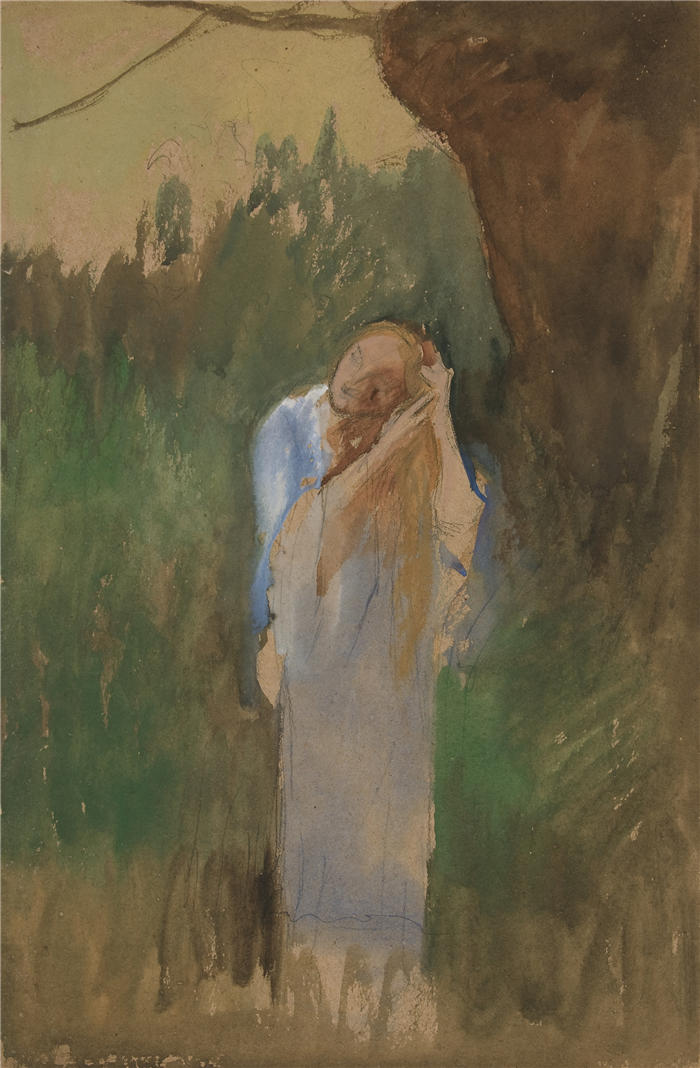 艾德文·奥斯汀·艾比(Edwin Austin Abbey,美国画家)作品-风景中的女人,梳理着她长长的金发