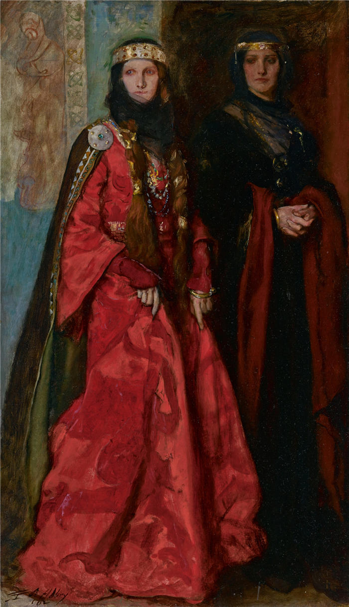 艾德文·奥斯汀·艾比(Edwin Austin Abbey,美国画家)作品-Goneril 和 Regan，李尔王，第一幕，第一场 (1902)