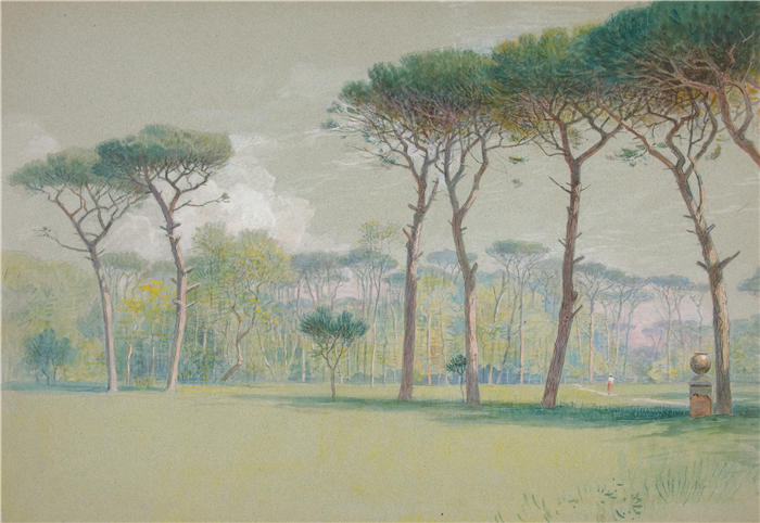 艾德文·奥斯汀·艾比(Edwin Austin Abbey,美国画家)作品-房野城堡;景观——广阔的草坪和树木