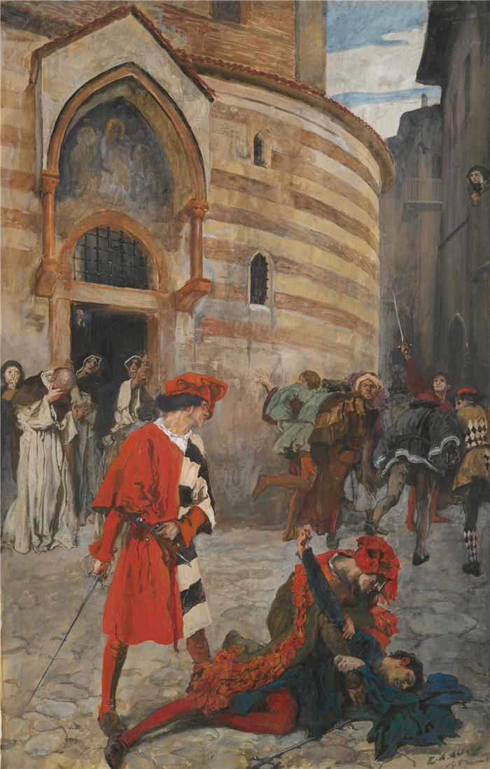 艾德文·奥斯汀·艾比(Edwin Austin Abbey,美国画家)作品-Mercutio之死 - 第三幕，第一场，罗密欧与朱丽叶（1902）