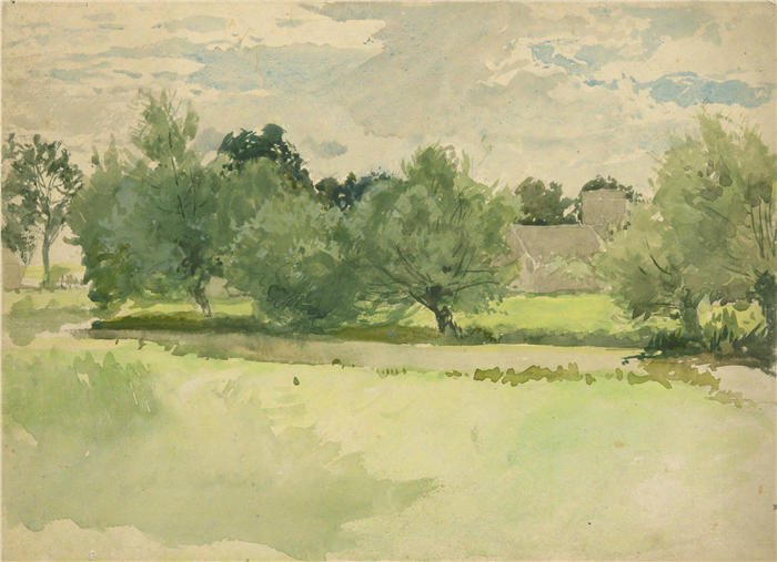 艾德文·奥斯汀·艾比(Edwin Austin Abbey,美国画家)作品-风景; 草地。背景中的教堂