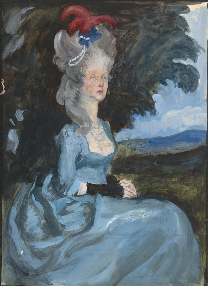 艾德文·奥斯汀·艾比(Edwin Austin Abbey,美国画家)作品-研究阿姨的谱系，从奥利弗戈德史密斯的她弯腰征服