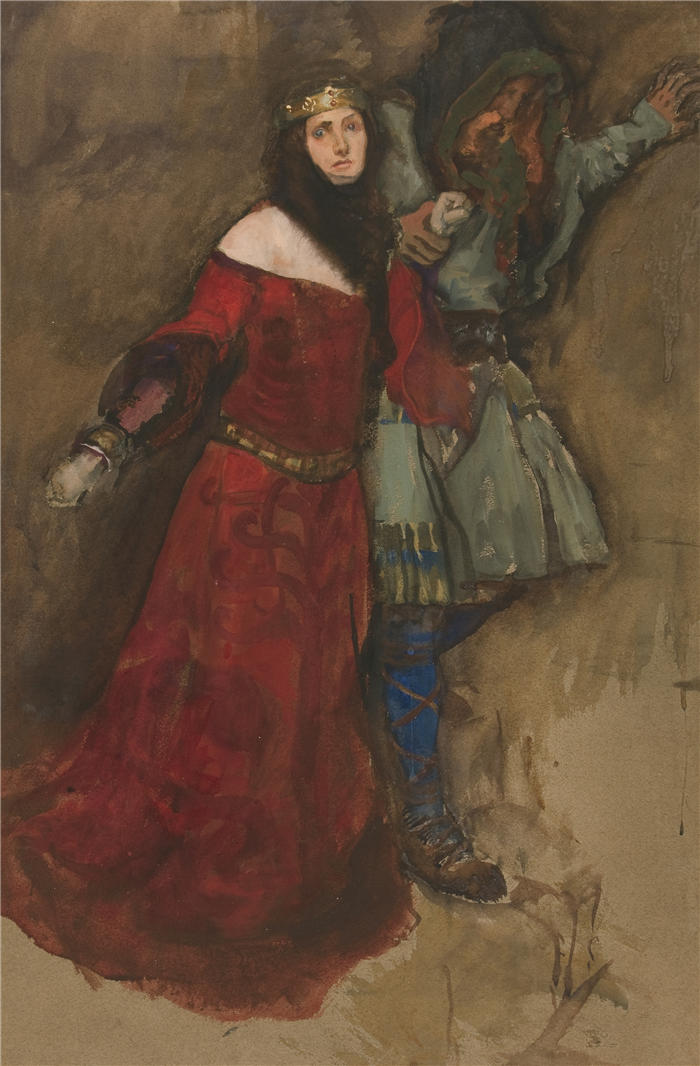 艾德文·奥斯汀·艾比(Edwin Austin Abbey,美国画家)作品-身份不明的场景,来自哈姆雷特或麦克白