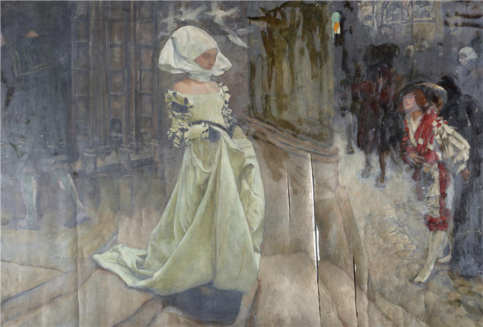 艾德文·奥斯汀·艾比(Edwin Austin Abbey,美国画家)作品-人物研究，可能适用于玛格丽特和浮士德（约 1892 年）
