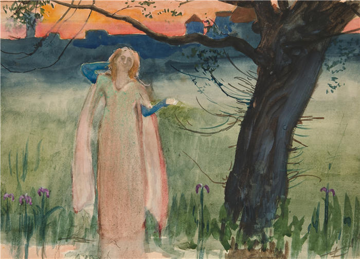 艾德文·奥斯汀·艾比(Edwin Austin Abbey,美国画家)作品-小溪边的奥菲莉亚 - 第四幕，第七场，哈姆雷特