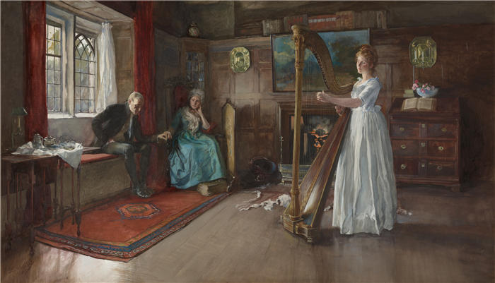 艾德文·奥斯汀·艾比(Edwin Austin Abbey,美国画家)作品-一首老歌 (1885)