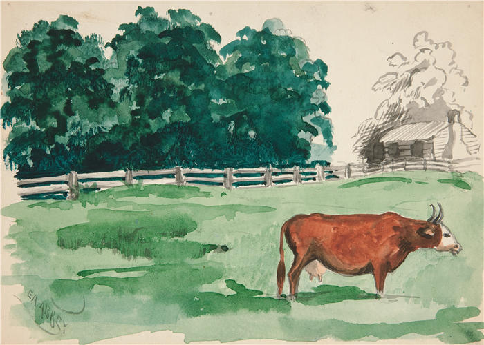艾德文·奥斯汀·艾比(Edwin Austin Abbey,美国画家)作品-前景中有牛的牧场场景