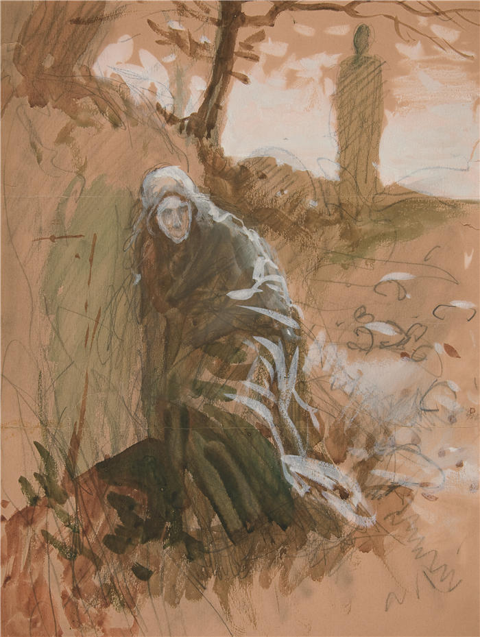 艾德文·奥斯汀·艾比(Edwin Austin Abbey,美国画家)作品-树林里的身影