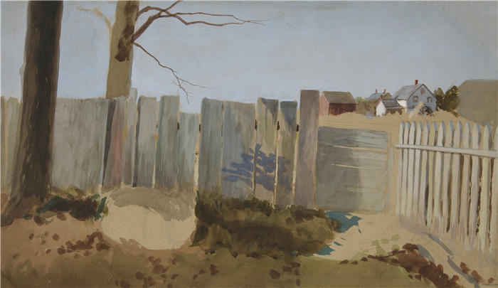 艾德文·奥斯汀·艾比(Edwin Austin Abbey,美国画家)作品-乡村场景；远处的篱笆、田野、农舍