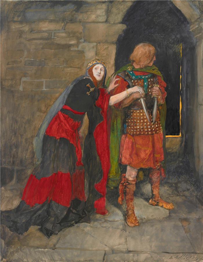 艾德文·奥斯汀·艾比(Edwin Austin Abbey,美国画家)作品-麦克白夫人；'“目的不明确！把匕首给我……”，第二幕，第二场，麦克白