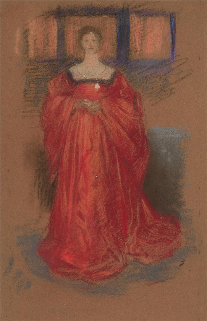 艾德文·奥斯汀·艾比(Edwin Austin Abbey,美国画家)作品-研究一位身着文艺复兴时期服装的女性