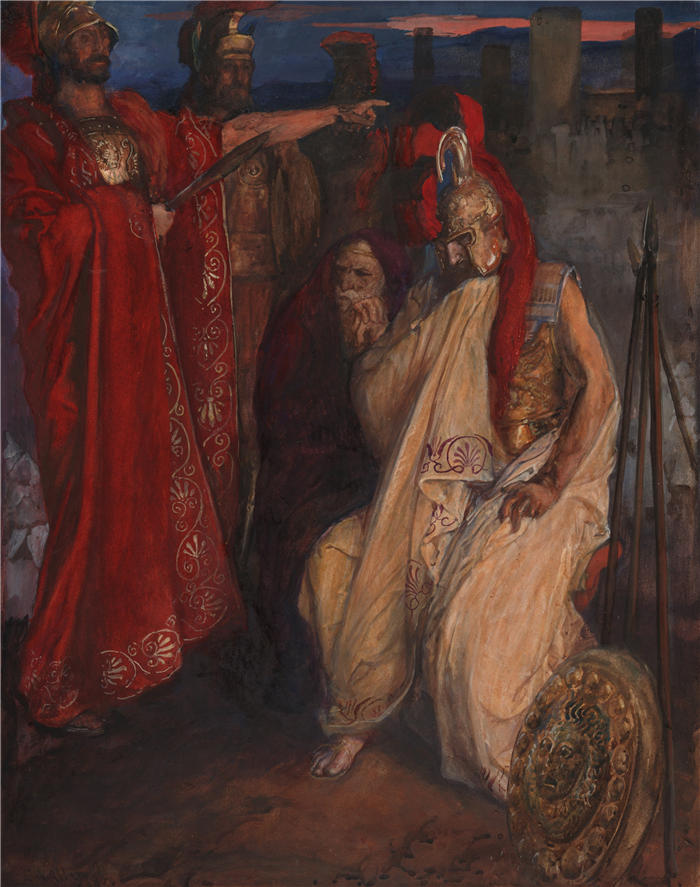 艾德文·奥斯汀·艾比(Edwin Austin Abbey,美国画家)作品-特洛伊罗斯和克瑞西达;阿伽门农的帐篷前(克瑞西达和她的叔叔)(1906)