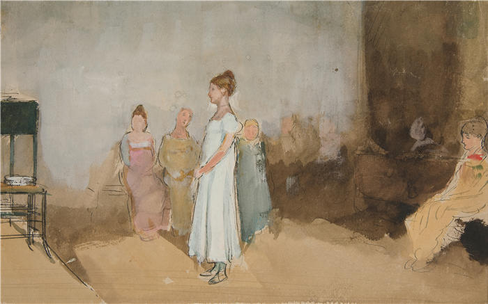 艾德文·奥斯汀·艾比(Edwin Austin Abbey,美国画家)作品-一个女人在室内的素描