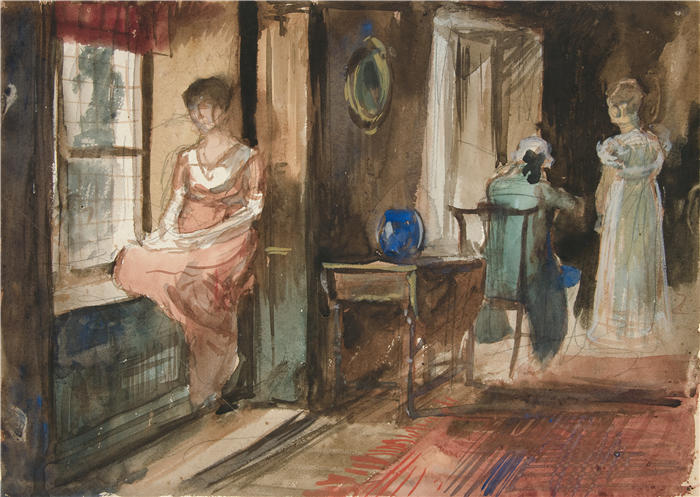 艾德文·奥斯汀·艾比(Edwin Austin Abbey,美国画家)作品-室内人物素描