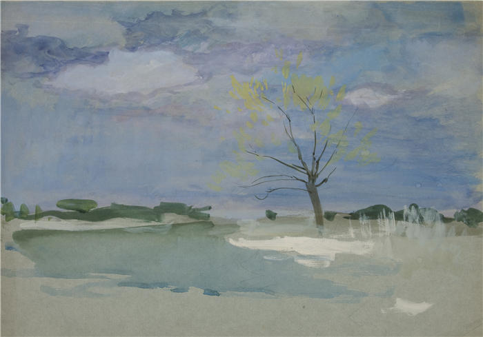 艾德文·奥斯汀·艾比(Edwin Austin Abbey,美国画家)作品-有树的风景