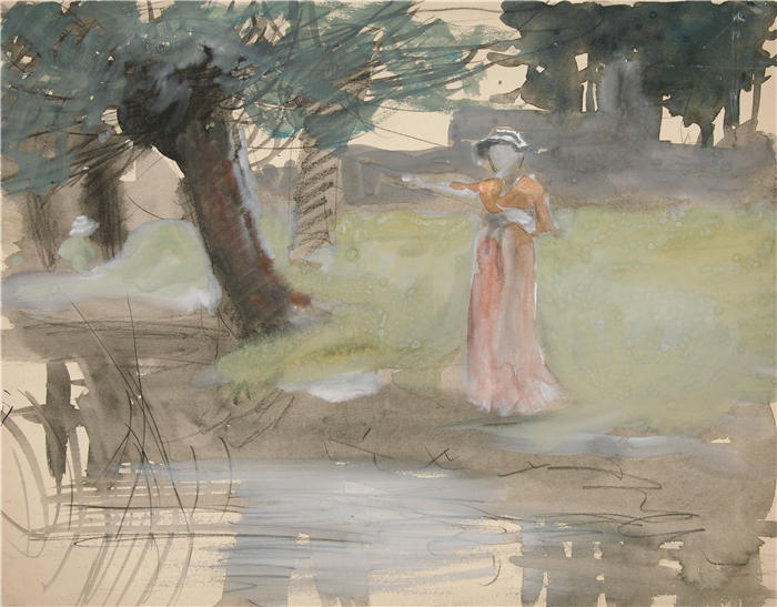 艾德文·奥斯汀·艾比(Edwin Austin Abbey,美国画家)作品-站在河边的女人