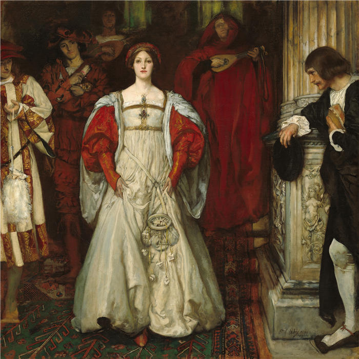 艾德文·奥斯汀·艾比(Edwin Austin Abbey,美国画家)作品-谁是西尔维娅?她是什么让所有的Swains称赞她?(1896-1899)