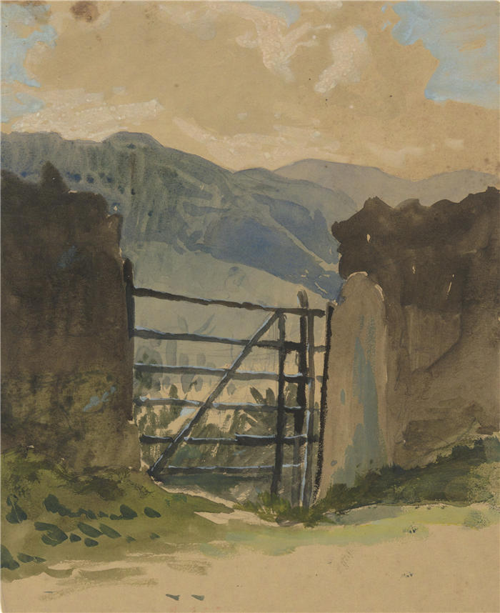 艾德文·奥斯汀·艾比(Edwin Austin Abbey,美国画家)作品-石墙和大门,素描
