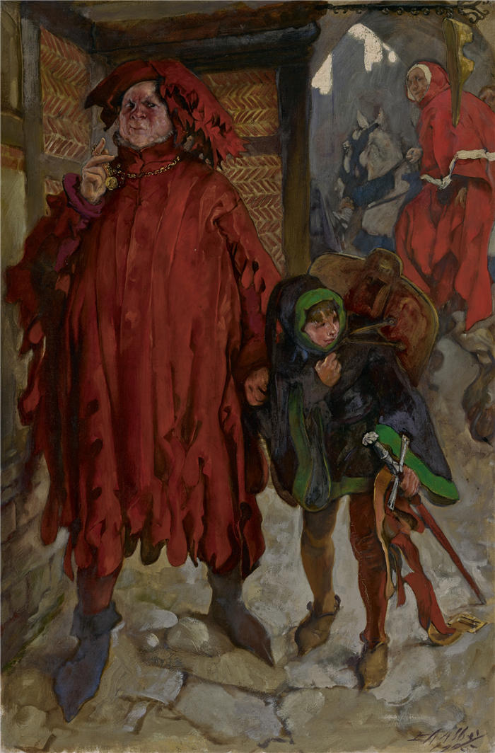 艾德文·奥斯汀·艾比(Edwin Austin Abbey,美国画家)作品-约翰·福斯塔夫爵士与他的书页，亨利四世国王，第二部分，第一幕，第二场 (1905)