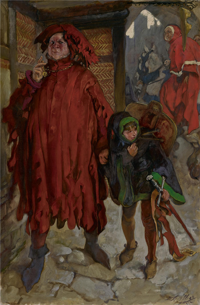 艾德文·奥斯汀·艾比(Edwin Austin Abbey,美国画家)作品-约翰·福斯塔夫爵士与他的书页,亨利四世国王,第二部分,第一幕,第二场 (1905)