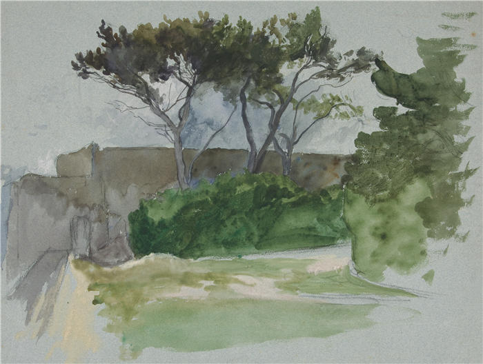 艾德文·奥斯汀·艾比(Edwin Austin Abbey,美国画家)作品-树木和石墙景观研究