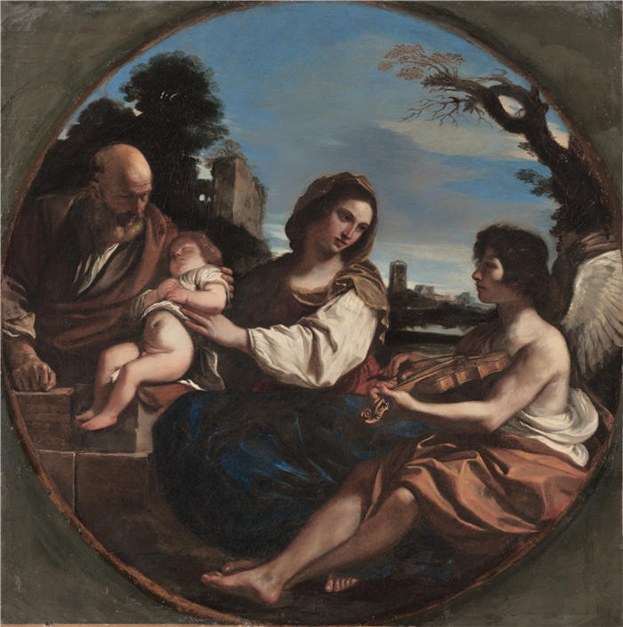 圭尔奇诺 （Guercino，意大利画家）作品-《在飞往埃及的途中休息 (1624)》高清油画