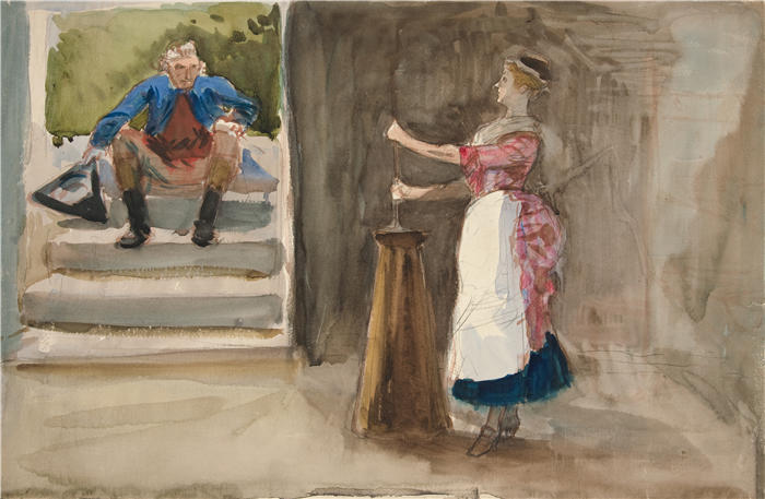 艾德文·奥斯汀·艾比(Edwin Austin Abbey,美国画家)作品-女人搅拌黄油，男人穿着革命服装观看