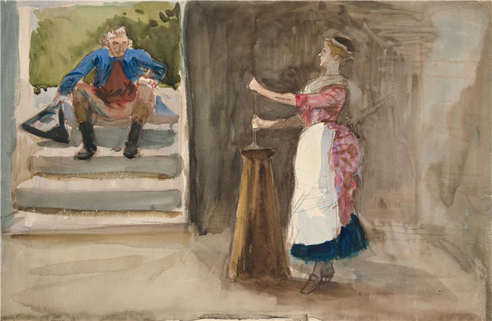 艾德文·奥斯汀·艾比(Edwin Austin Abbey,美国画家)作品-女人搅拌黄油,男人穿着革命服装观看