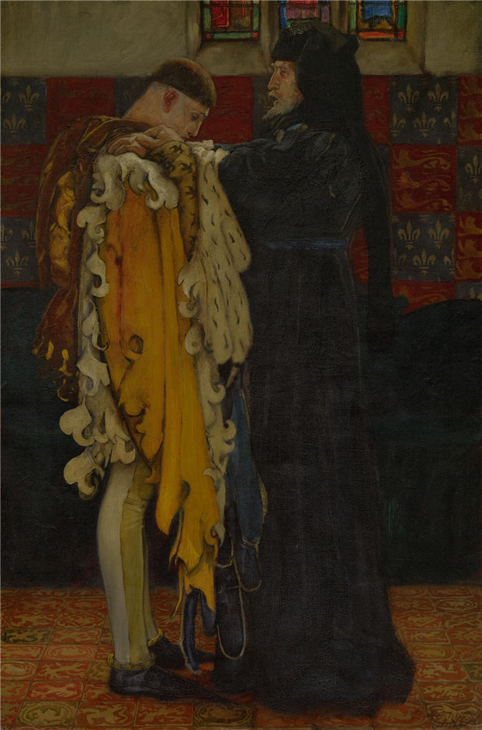 艾德文·奥斯汀·艾比(Edwin Austin Abbey,美国画家)作品-威尔士亲王的国王；'你应该在这里受到指控和主权信任，'亨利四世国王，第一部分，第三幕，场景 II 1905