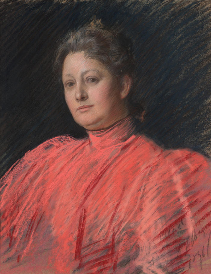 艾德文·奥斯汀·艾比(Edwin Austin Abbey,美国画家)作品-身着粉红色连衣裙的修道院夫人肖像,腰长(1896 年)