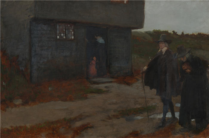 艾德文·奥斯汀·艾比(Edwin Austin Abbey,美国画家)作品-在小屋门口（17 世纪新英格兰场景）（约 1871-1911）