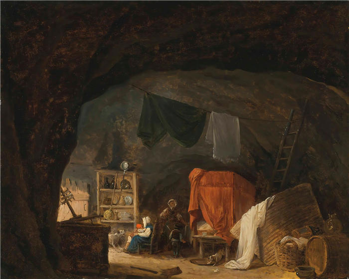 休伯特·罗伯特（Hubert Robert，法国画家）作品-洞穴内部的家庭（1784）高清下载