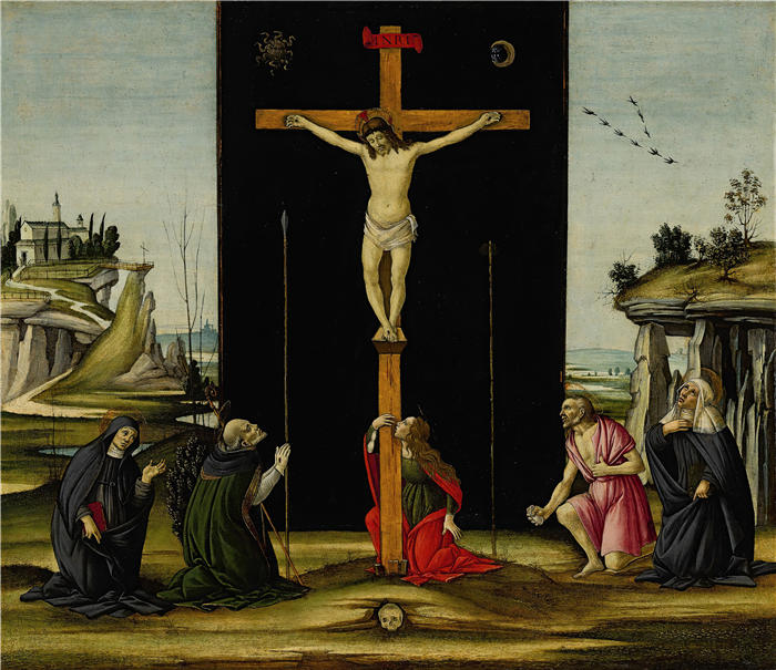 桑德罗·波提切利（Sandro Botticelli，意大利画家）作品-《瑞典的圣莫妮卡、奥古斯丁、玛丽·玛格达伦、杰罗姆和布里奇特所崇拜的十字架上的基督》油画高清下载