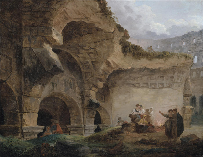 休伯特·罗伯特（Hubert Robert，法国画家）作品-斗兽场废墟中的洗衣妇高清下载
