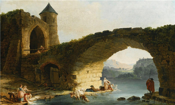 休伯特·罗伯特(Hubert Robert,法国画家)作品-Capriccio 河风景与洗衣妇在一座被毁的桥梁附近高清下载