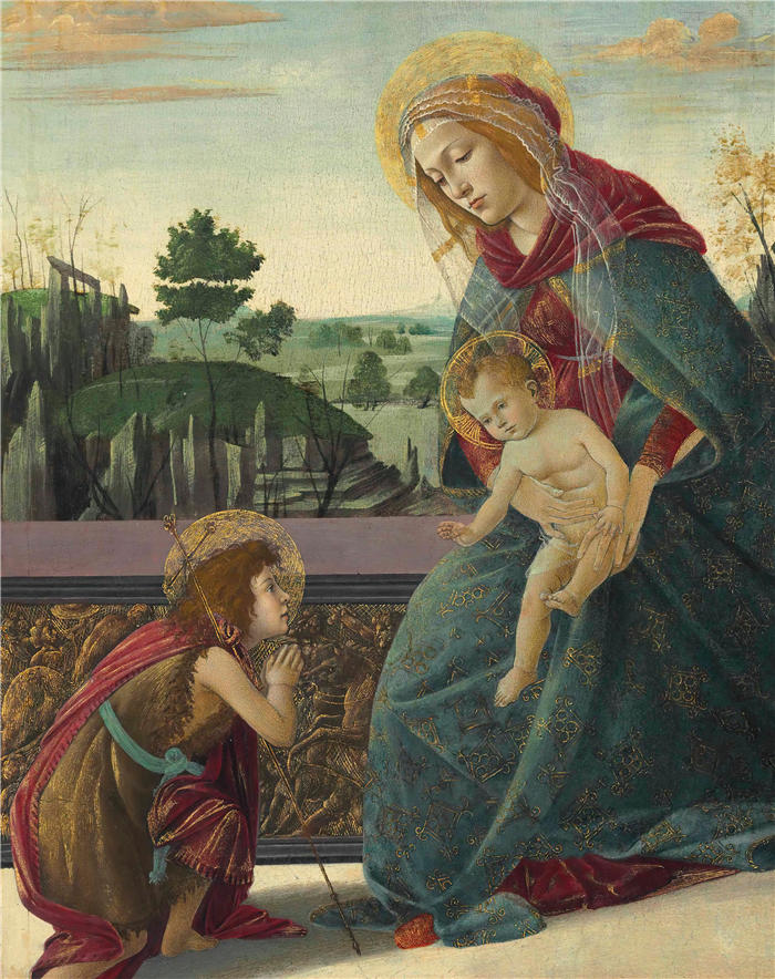 桑德罗·波提切利（Sandro Botticelli，意大利画家）作品-《麦当娜和孩子与年轻的施洗者圣约翰》油画高清下载