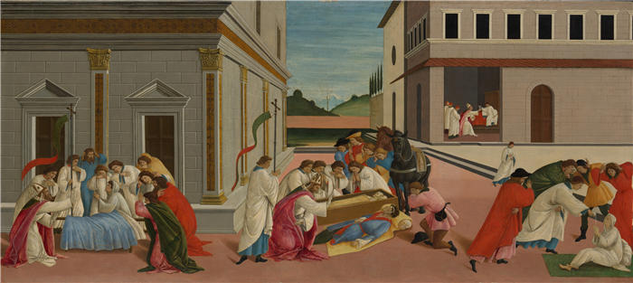 桑德罗·波提切利（Sandro Botticelli，意大利画家）作品-《圣泽诺比乌斯的三个奇迹（约 1500 年）》油画高清下载